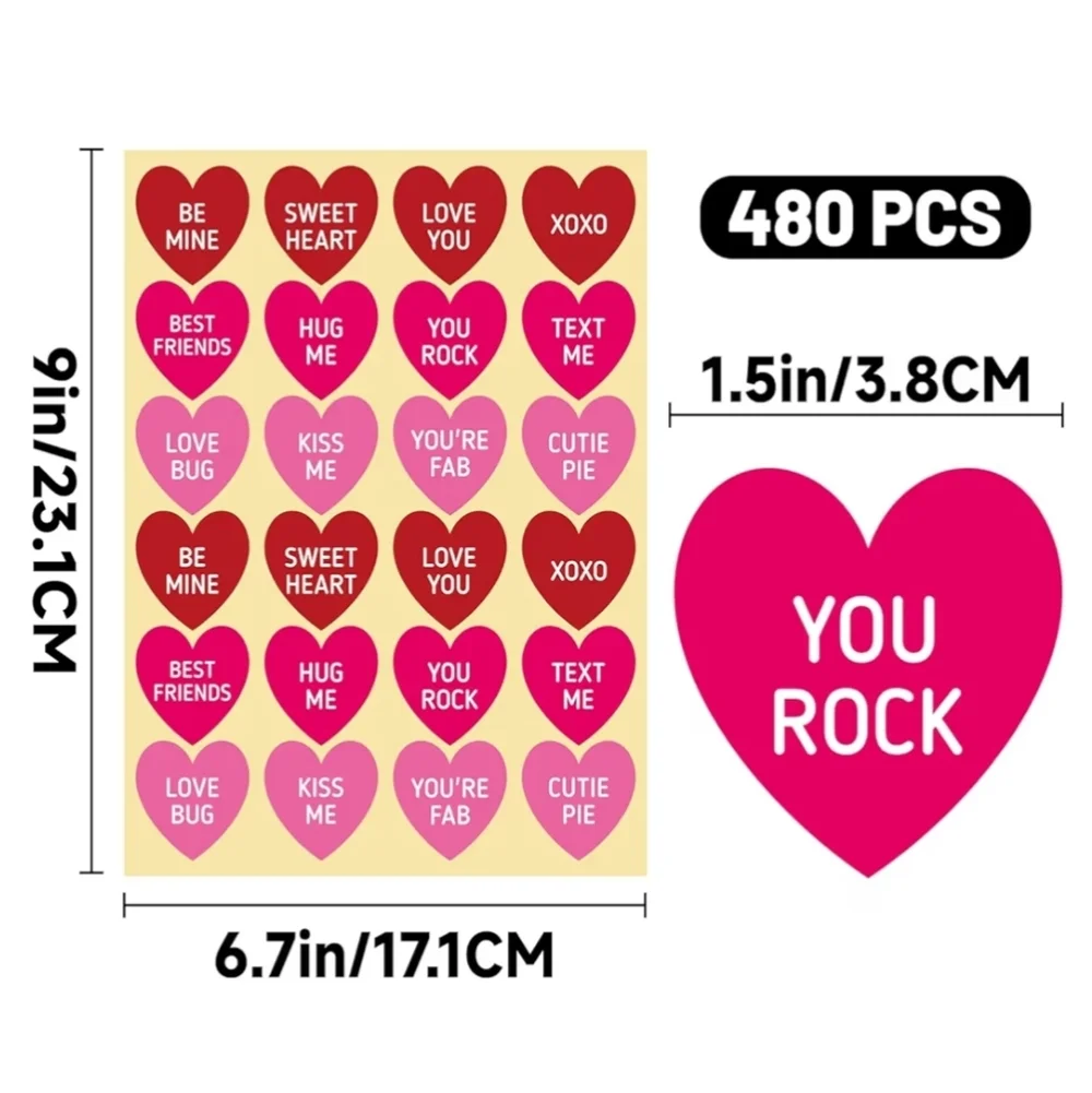 480pc Valentines Day Conversation Heart Stickers Red Pink 1.5in Bulk Kids Craft‎